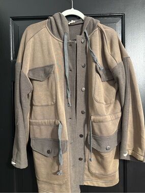 POL Two-Tone Taupe Hooded Shirt Jacket